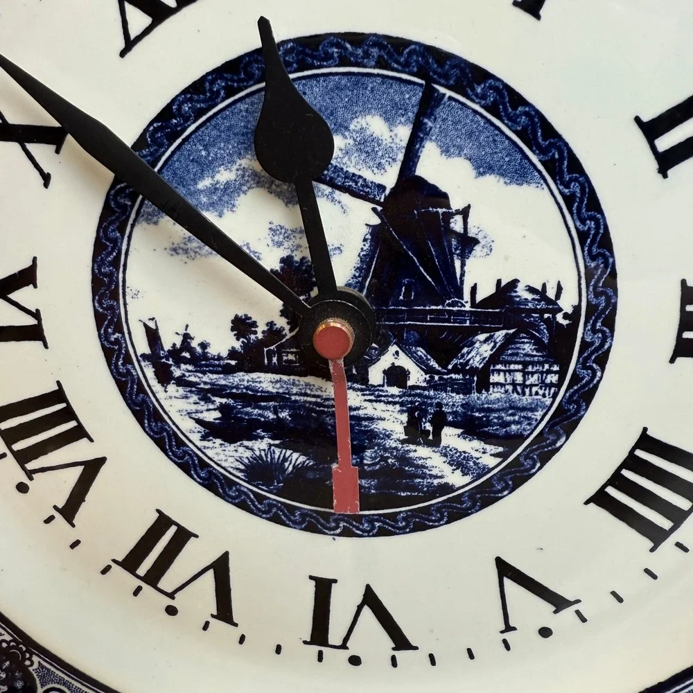 Vintage Boch Delft Blue White Windmill‎ Ceramic Plate Wall Clock Belgium WORKS